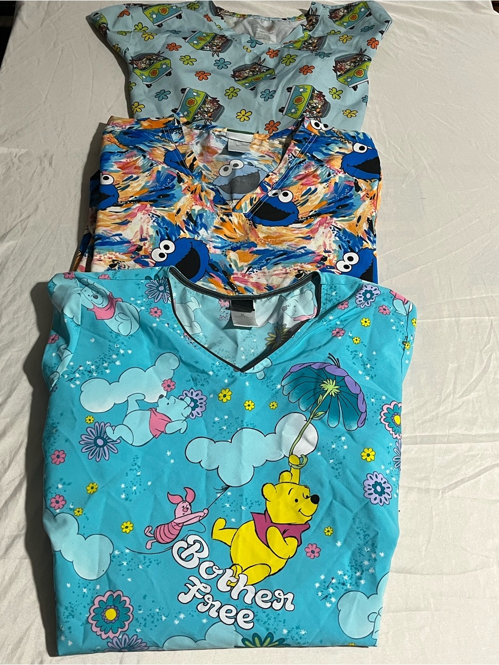 Disney Pooh Sesame Street and Scooby Doo Scrub Tops Women’s Size XL